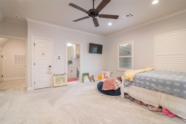 bedroom with recessed lighting, visible vents, crown molding, and light carpet