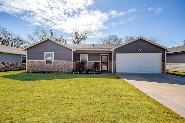 ranch-style home featuring an attached garage, stone siding, driveway, and a front lawn