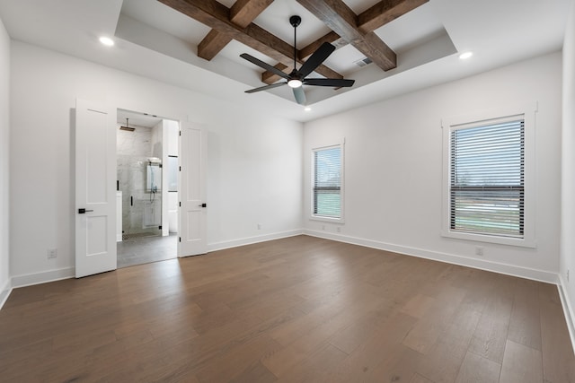 unfurnished room with dark wood-style flooring, coffered ceiling, and baseboards