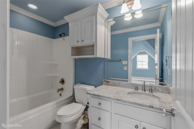 full bathroom with ornamental molding, shower / washtub combination, vanity, and toilet