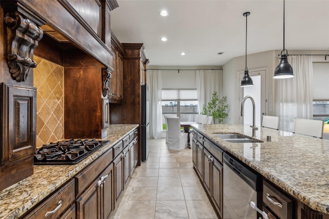 8 Center Ct, Heath, TX 75032 - kitchen with stainless steel dishwasher, black gas cooktop, recessed lighting, decorative backsplash, and pendant lighting