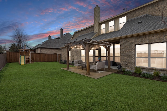 8 Center Ct, Heath, TX 75032 - rear view of property with a pergola, a fenced backyard, an outdoor living space, brick siding, and a patio area