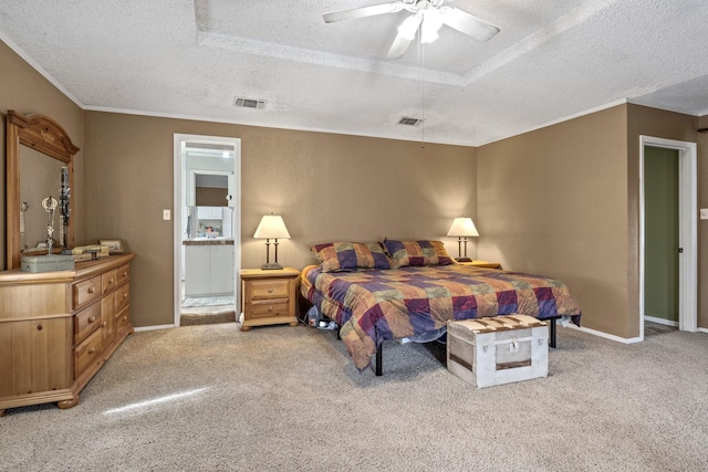 bedroom featuring visible vents, light carpet, baseboards, and a textured ceiling