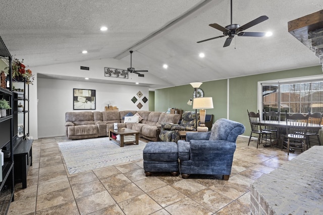 living room featuring lofted ceiling, ceiling fan, a textured ceiling, and recessed lighting