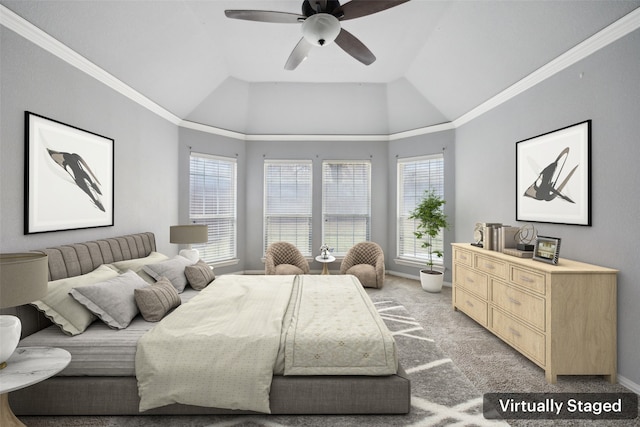 bedroom featuring baseboards, ornamental molding, vaulted ceiling, and light colored carpet