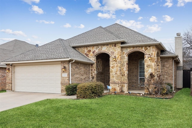 french provincial home featuring a shingled roof, a front lawn, concrete driveway, and brick siding