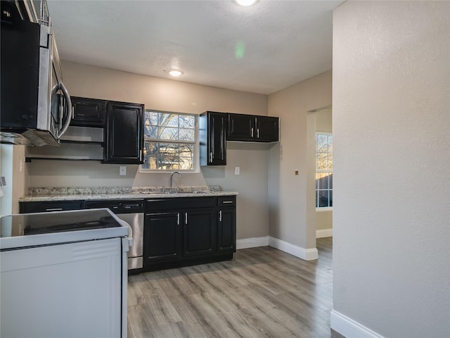 kitchen featuring light wood-type flooring, dark cabinetry, a sink, and stainless steel microwave