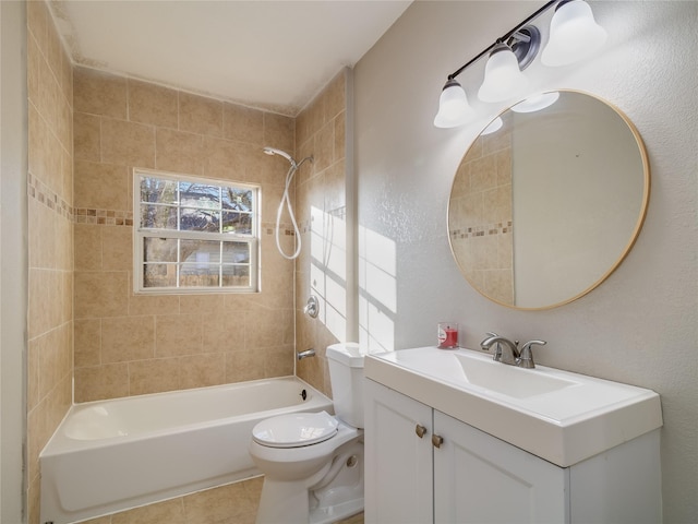 bathroom with toilet, tile patterned flooring,  shower combination, and vanity