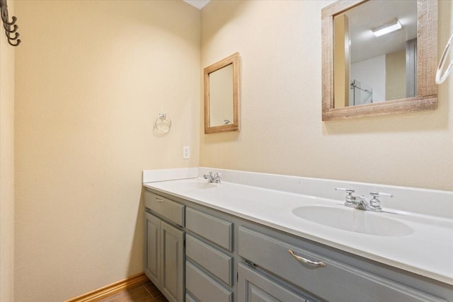 bathroom featuring a sink, baseboards, and double vanity