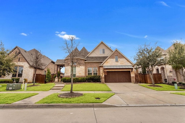 view of front of property featuring driveway, a front yard, fence, and brick siding