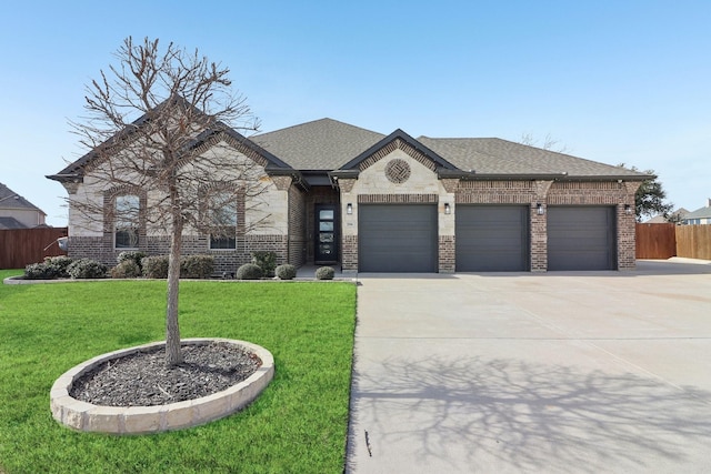 french country inspired facade with a garage, driveway, brick siding, and a front lawn