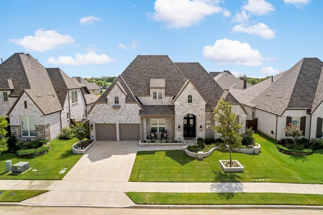 french country style house featuring concrete driveway, a shingled roof, a front yard, and brick siding