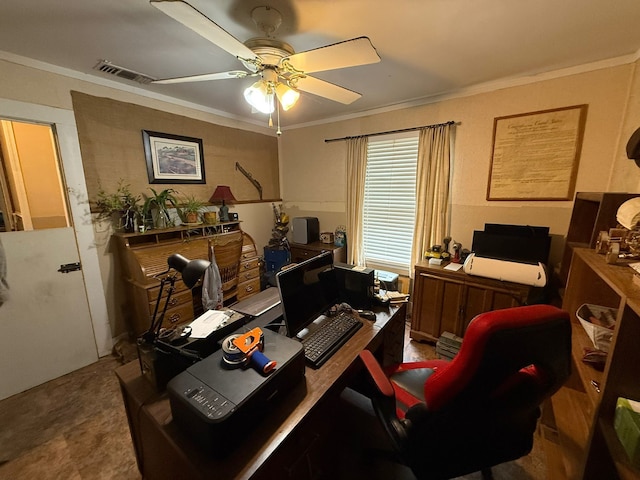 office area featuring visible vents, crown molding, and ceiling fan