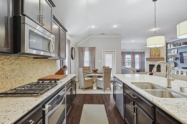 kitchen with stainless steel appliances, dark wood-type flooring, a fireplace, a sink, and crown molding