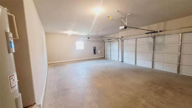 garage featuring water heater, electric panel, baseboards, and a garage door opener