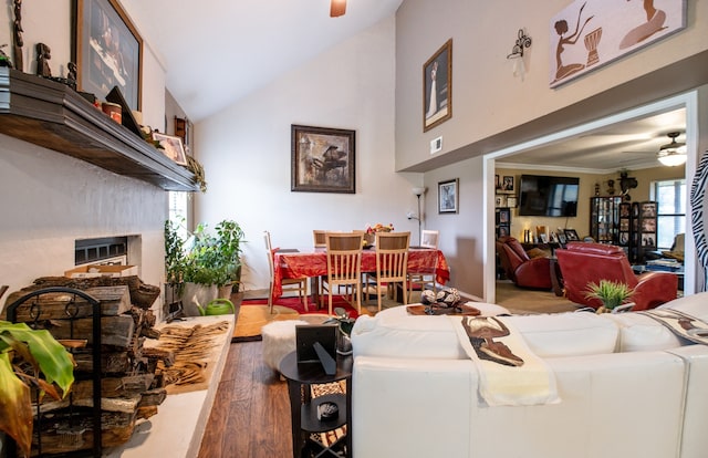 living area featuring high vaulted ceiling, a fireplace, wood finished floors, and a ceiling fan