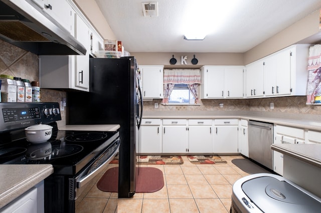 kitchen featuring dishwasher, black / electric stove, light countertops, under cabinet range hood, and white cabinetry