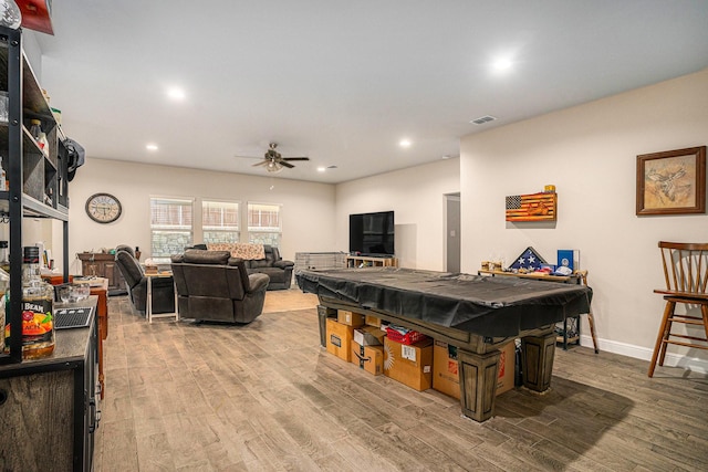 playroom with billiards, visible vents, wood finished floors, and recessed lighting