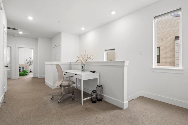 office area with recessed lighting, visible vents, light carpet, and baseboards