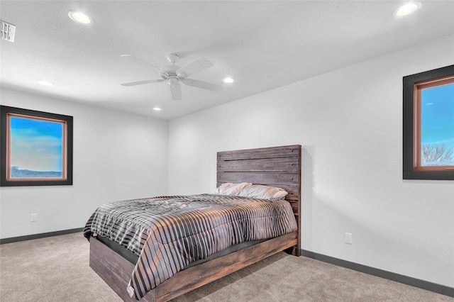 bedroom with recessed lighting, carpet, a ceiling fan, and baseboards