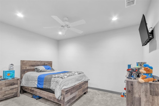 bedroom with recessed lighting, visible vents, and light colored carpet