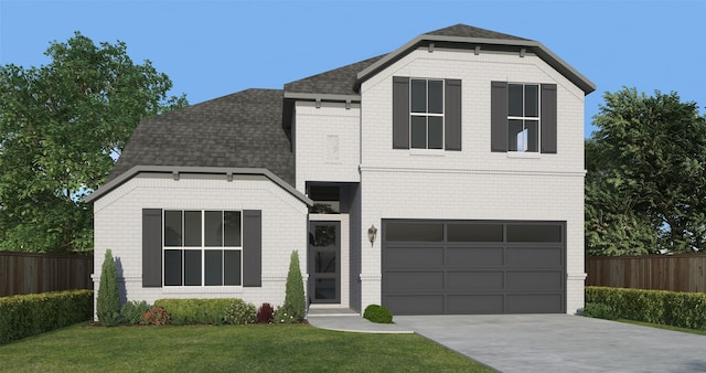 view of front of property featuring driveway, a garage, roof with shingles, fence, and a front lawn