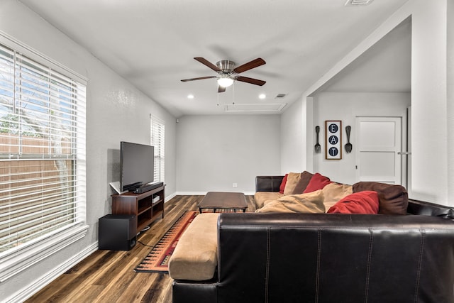 living room featuring recessed lighting, a ceiling fan, baseboards, dark wood finished floors, and attic access