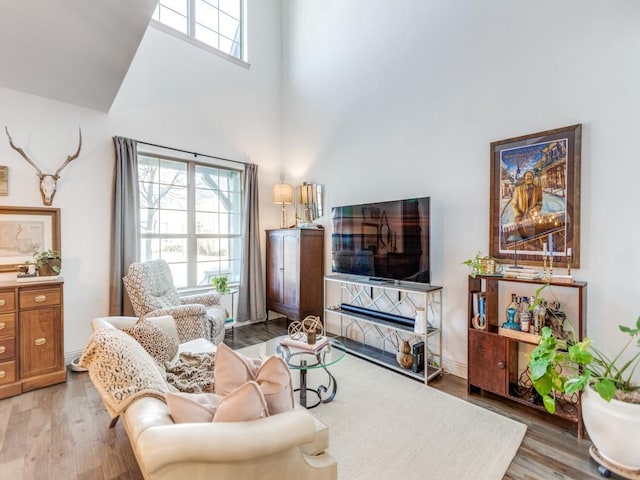 living area with a towering ceiling and wood finished floors