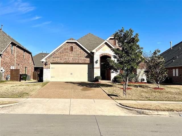 view of front of property with brick siding, a shingled roof, concrete driveway, a garage, and stone siding