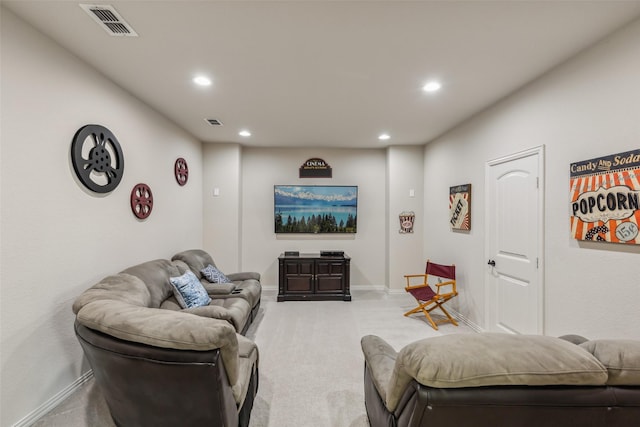 living room featuring recessed lighting, visible vents, light carpet, and baseboards