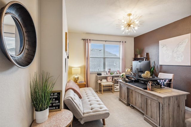 home office featuring light colored carpet and a notable chandelier