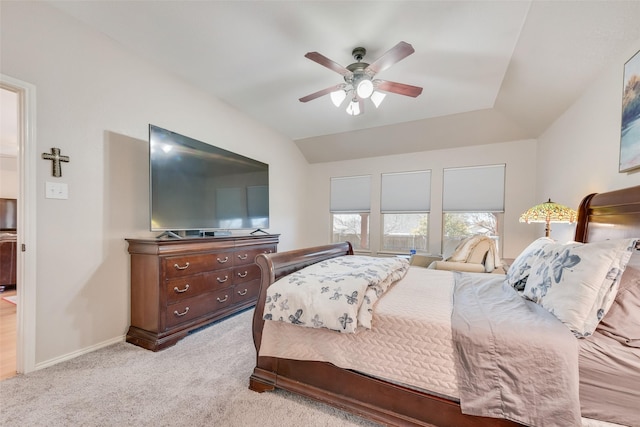 bedroom with carpet floors, baseboards, ceiling fan, and vaulted ceiling