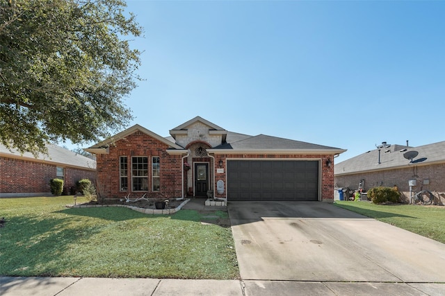 view of front of property with brick siding, a shingled roof, concrete driveway, an attached garage, and a front yard