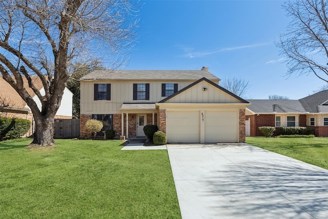 traditional-style home featuring concrete driveway, an attached garage, a front yard, board and batten siding, and brick siding