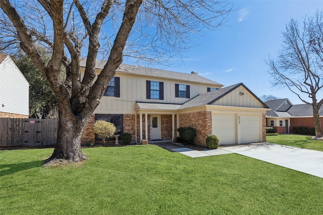 traditional home with board and batten siding, brick siding, fence, and a front lawn