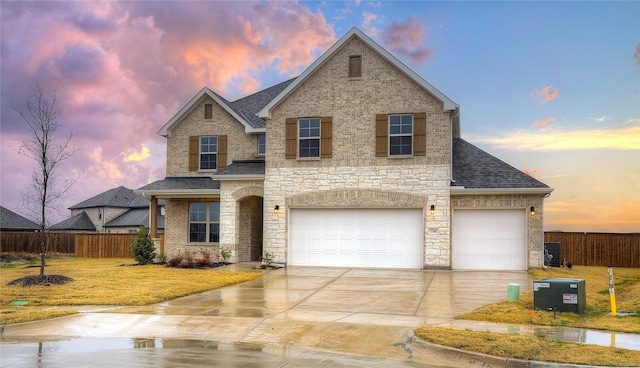 traditional home with driveway, brick siding, fence, and roof with shingles