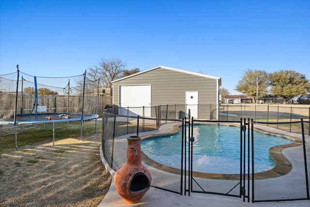 view of swimming pool featuring a trampoline, a fenced in pool, and a fenced backyard