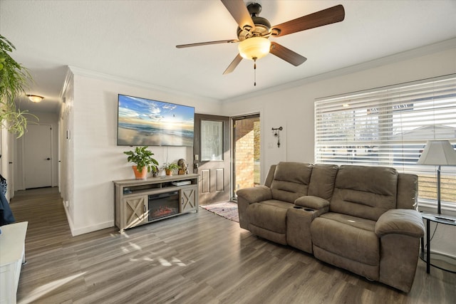 living room with ornamental molding, a healthy amount of sunlight, and wood finished floors