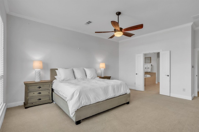 bedroom with baseboards, visible vents, ornamental molding, and light colored carpet