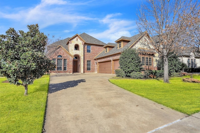 view of front of home with a front yard, concrete driveway, brick siding, and an attached garage