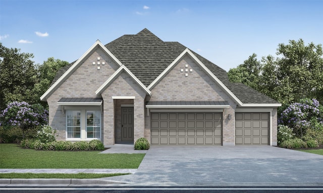 view of front of property with a garage, brick siding, a shingled roof, concrete driveway, and a front lawn