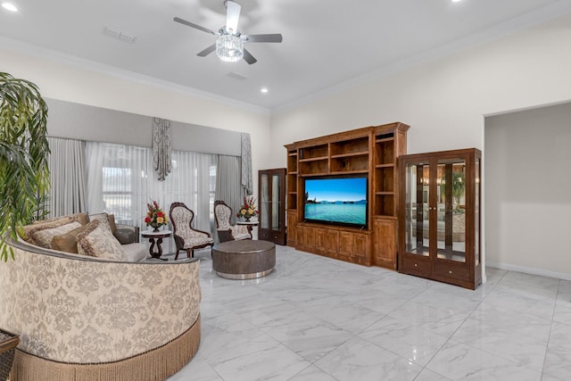 living room with ceiling fan, visible vents, baseboards, marble finish floor, and crown molding