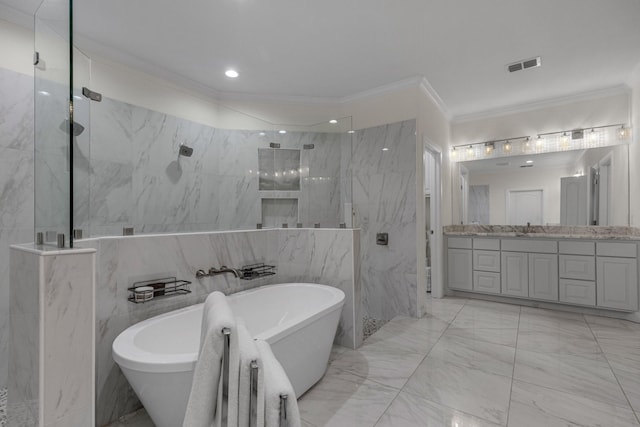 bathroom featuring a marble finish shower, visible vents, marble finish floor, vanity, and a freestanding tub