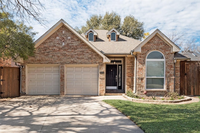 ranch-style house with a garage, brick siding, driveway, roof with shingles, and a front lawn