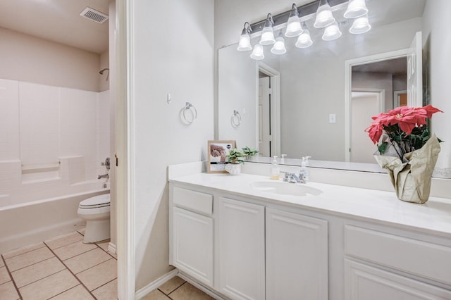 full bath with visible vents, bathing tub / shower combination, toilet, tile patterned floors, and vanity