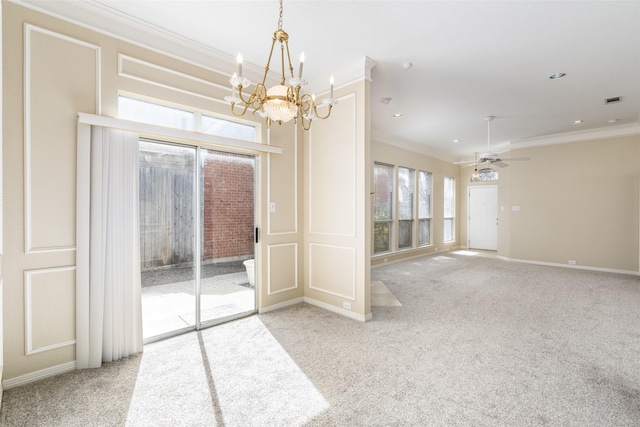 unfurnished room with recessed lighting, light carpet, crown molding, and a decorative wall