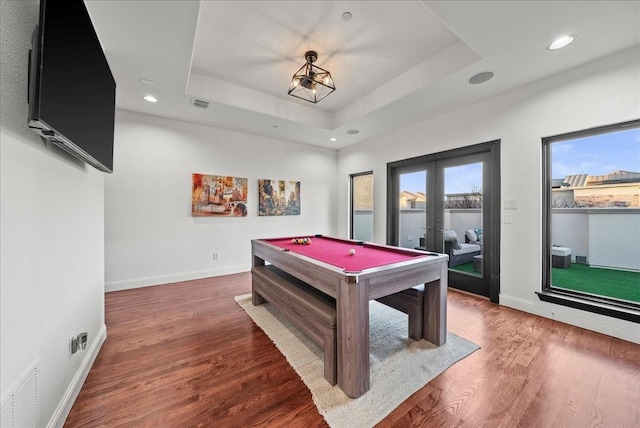 709 E 1st St, Fort Worth, TX 76102 - rec room featuring french doors, baseboards, pool table, wood finished floors, and recessed lighting