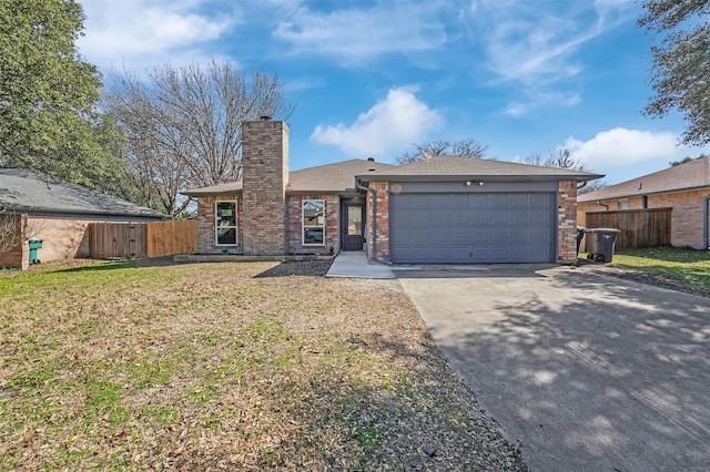 view of front of home with a garage, concrete driveway, brick siding, and fence