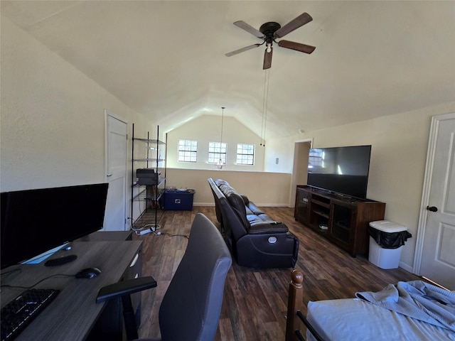 living area featuring baseboards, a ceiling fan, vaulted ceiling, and dark wood-style flooring