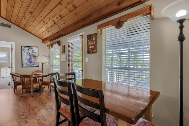 dining area featuring lofted ceiling, wooden ceiling, light wood-style flooring, and visible vents